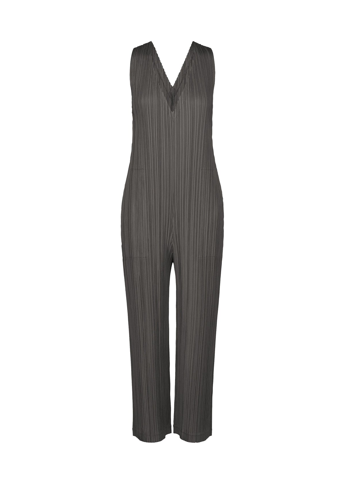 THICKER BOTTOMS 2 by PLEATS PLEASE ISSEY MIYAKE is a sleeveless, dark gray, pleated V-neck jumpsuit with wide legs and practical pockets, made from thick fabric and presented against a plain white background. view 1 of 7