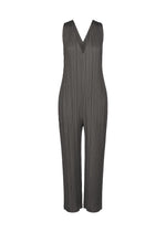 THICKER BOTTOMS 2 by PLEATS PLEASE ISSEY MIYAKE is a sleeveless, dark gray, pleated V-neck jumpsuit with wide legs and practical pockets, made from thick fabric and presented against a plain white background. - CHARCOAL （no.17）