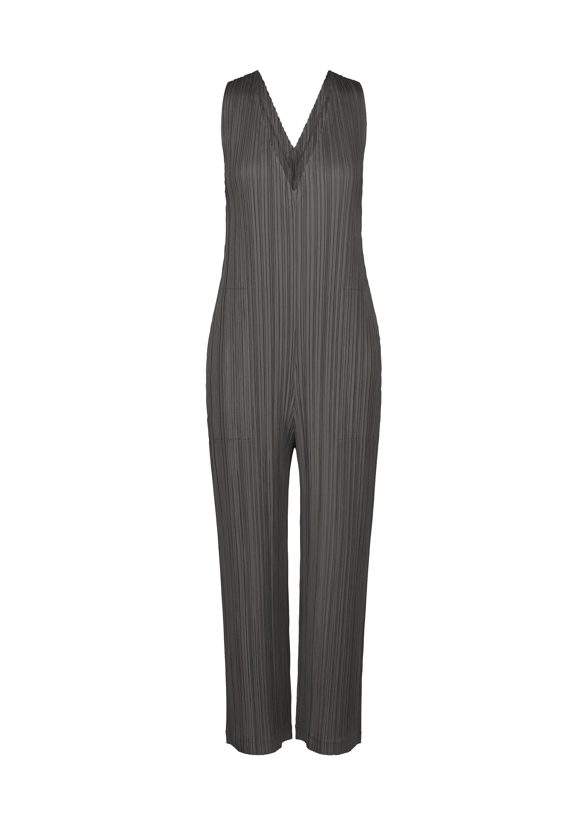 Zoomed view THICKER BOTTOMS 2 by PLEATS PLEASE ISSEY MIYAKE is a sleeveless, dark gray, pleated V-neck jumpsuit with wide legs and practical pockets, made from thick fabric and presented against a plain white background. - CHARCOAL （no.17）