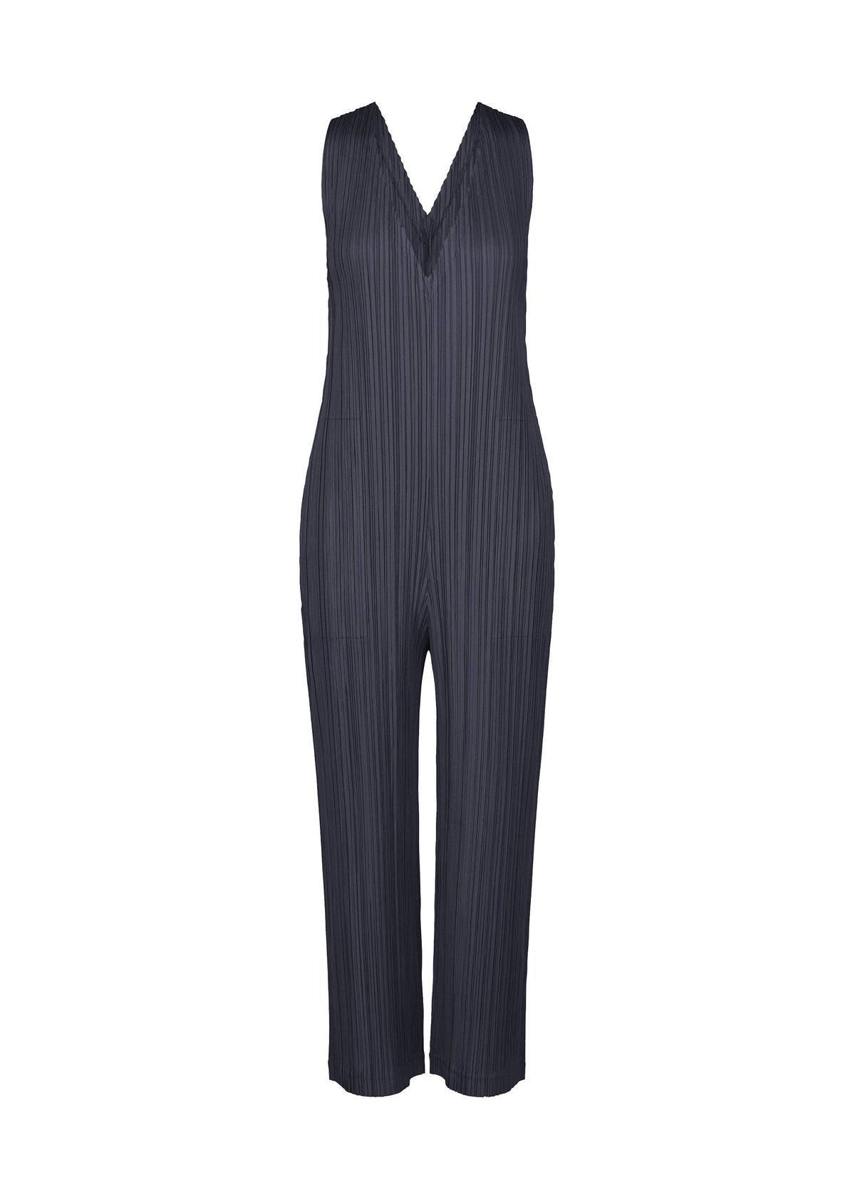 The THICKER BOTTOMS 2 by PLEATS PLEASE ISSEY MIYAKE is a sleeveless, dark gray V-neck jumpsuit featuring elegant pleats, cropped straight-leg pants, convenient pockets, and crafted from thick fabric, shown against a plain white background. view 2 of 7
