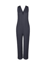 The THICKER BOTTOMS 2 by PLEATS PLEASE ISSEY MIYAKE is a sleeveless, dark gray V-neck jumpsuit featuring elegant pleats, cropped straight-leg pants, convenient pockets, and crafted from thick fabric, shown against a plain white background. - NAVY （no.75）
