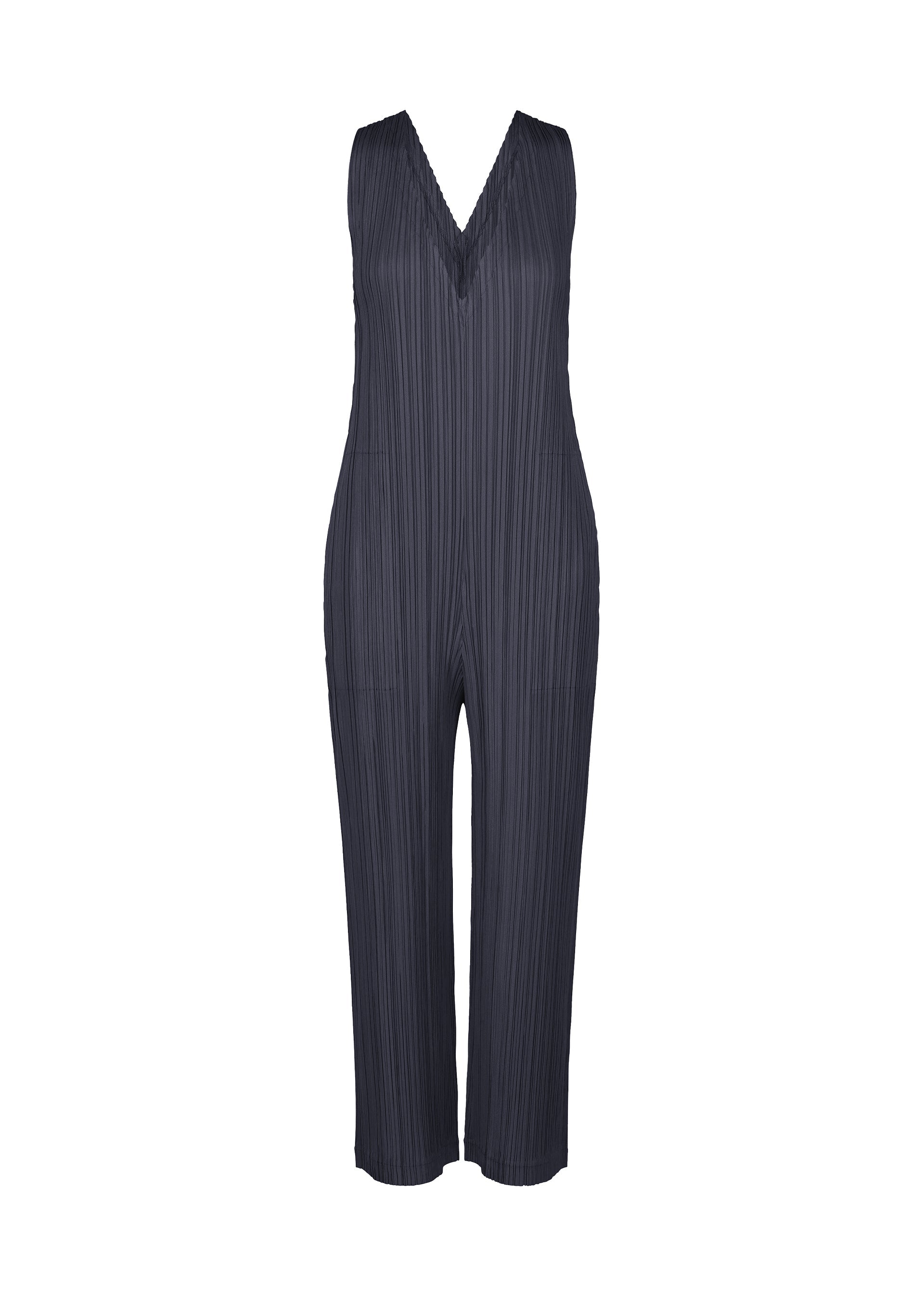 Zoomed view The THICKER BOTTOMS 2 by PLEATS PLEASE ISSEY MIYAKE is a sleeveless, dark gray V-neck jumpsuit featuring elegant pleats, cropped straight-leg pants, convenient pockets, and crafted from thick fabric, shown against a plain white background. - NAVY （no.75）