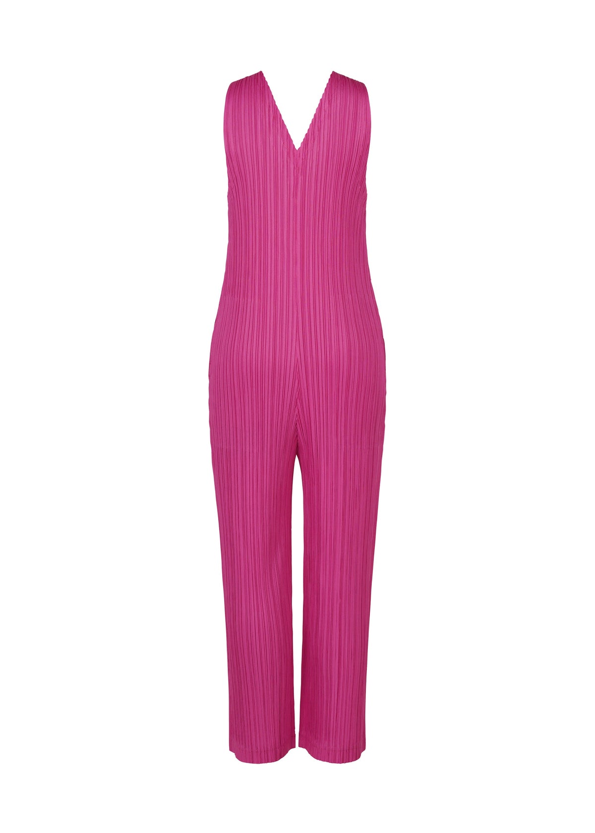 The THICKER BOTTOMS 2 by PLEATS PLEASE ISSEY MIYAKE is a sleeveless hot pink V-neck jumpsuit featuring full-length, straight-leg pants. Crafted from a thick, vertically ribbed fabric, this piece delivers both style and structure. Practical pockets are incorporated into the design. The garment is presented against a plain white background. view 3 of 7