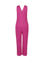 The THICKER BOTTOMS 2 by PLEATS PLEASE ISSEY MIYAKE is a sleeveless hot pink V-neck jumpsuit featuring full-length, straight-leg pants. Crafted from a thick, vertically ribbed fabric, this piece delivers both style and structure. Practical pockets are incorporated into the design. The garment is presented against a plain white background.
