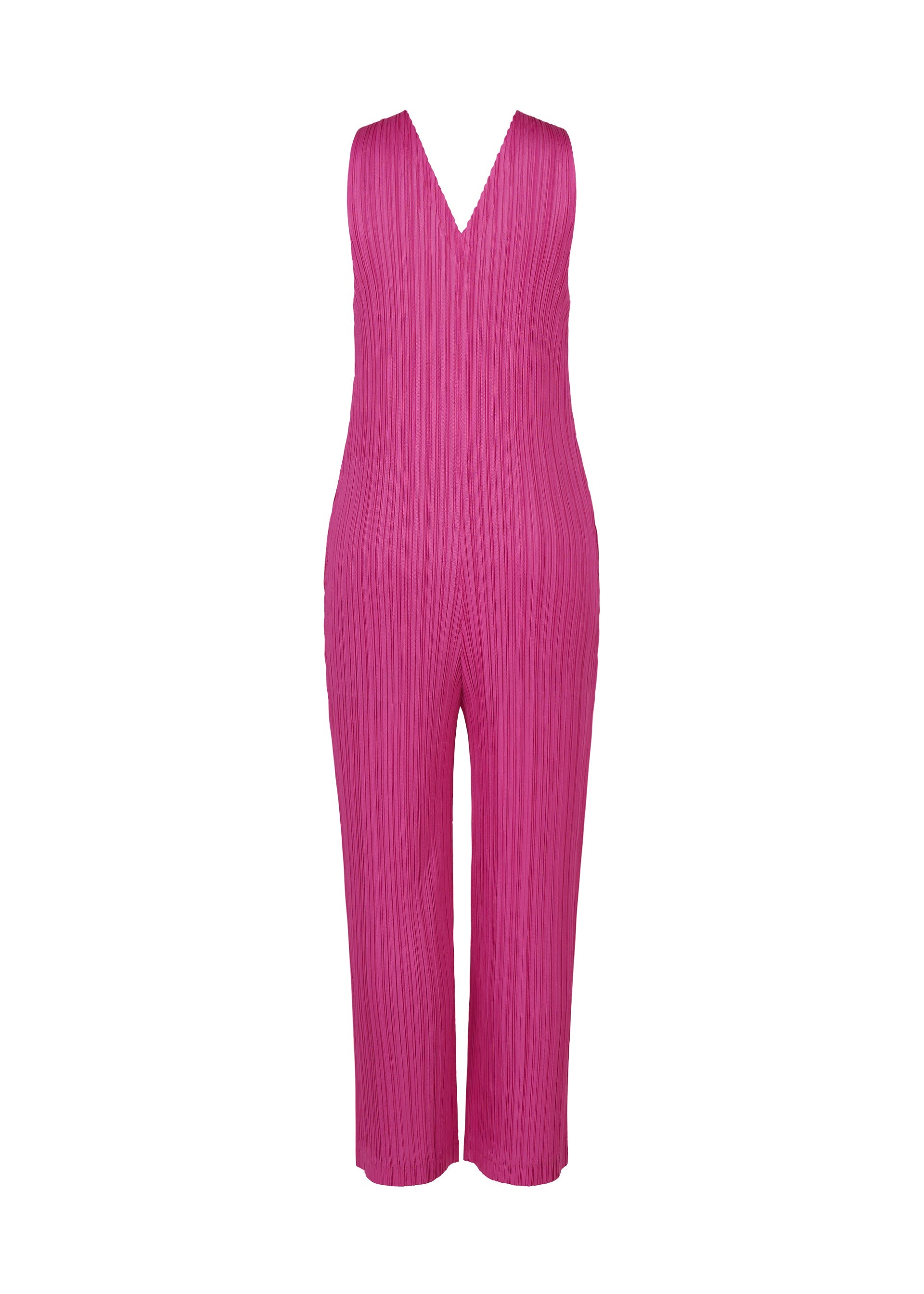 Zoomed view The THICKER BOTTOMS 2 by PLEATS PLEASE ISSEY MIYAKE is a sleeveless hot pink V-neck jumpsuit featuring full-length, straight-leg pants. Crafted from a thick, vertically ribbed fabric, this piece delivers both style and structure. Practical pockets are incorporated into the design. The garment is presented against a plain white background.