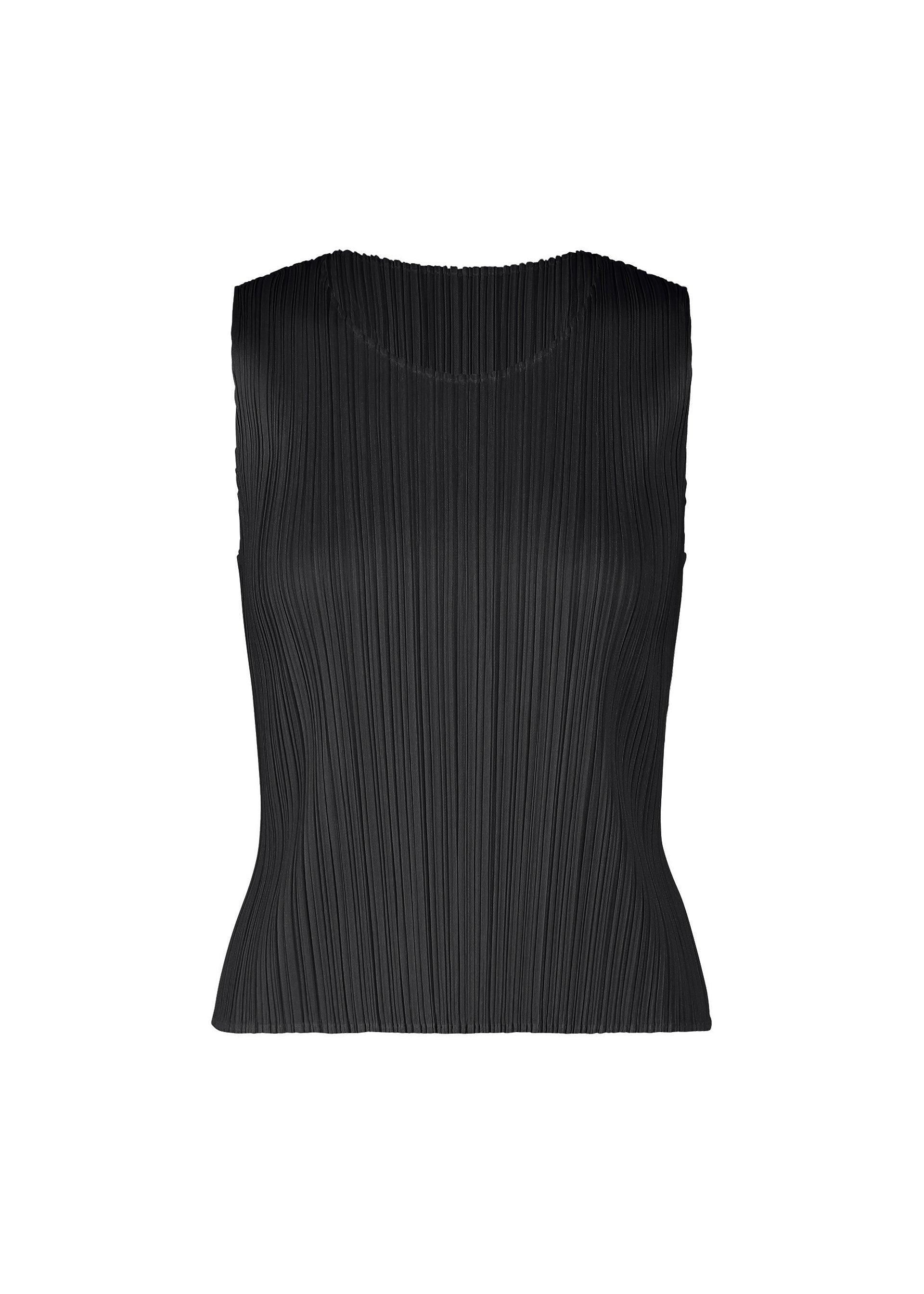 Zoomed view The MONTHLY COLORS : JULY by PLEATS PLEASE ISSEY MIYAKE is a women's sleeveless shirt in classic black with a round neckline and vertical pleats, shown against a plain white background. - BLACK （no.15）