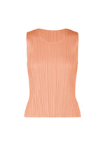 The PLEATS PLEASE ISSEY MIYAKE MONTHLY COLORS : JULY women’s sleeveless shirt in light peach has a round neckline and vertical pleats, shown against a plain white background. - PALE ORANGE （no.30）