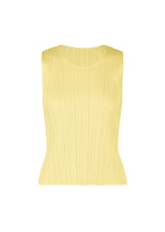 The MONTHLY COLORS : JULY sleeveless shirt by PLEATS PLEASE ISSEY MIYAKE, in pale yellow with pleats and a round neckline, is shown against a white background. - PALE YELLOW （no.50）
