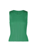 The MONTHLY COLORS : JULY sleeveless green round-neck tank top by PLEATS PLEASE ISSEY MIYAKE features vertical pleats and is shown on a plain white background. - FRESH GREEN （no.67）