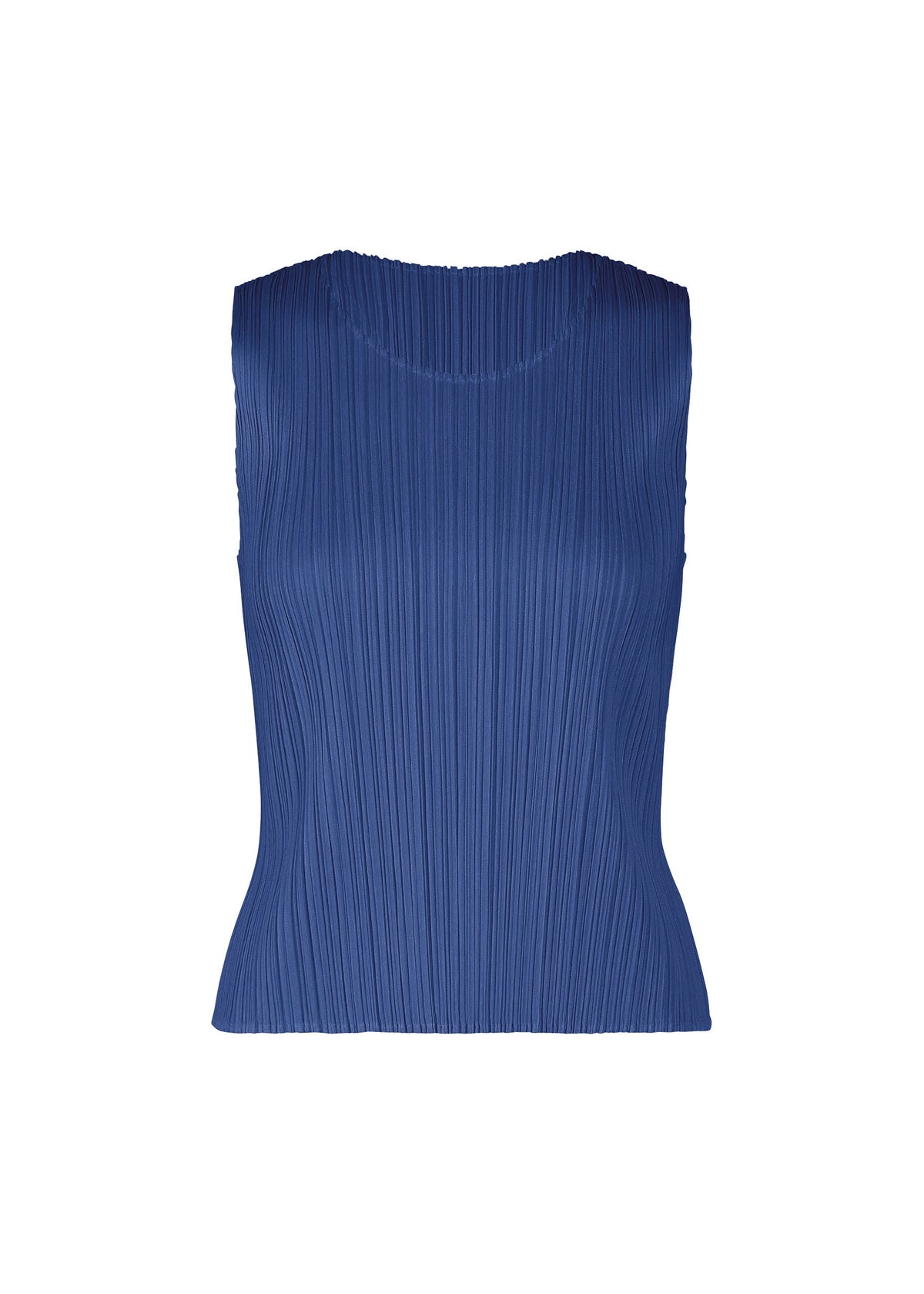 The MONTHLY COLORS : JULY by PLEATS PLEASE ISSEY MIYAKE is a sleeveless, fitted blue women's top with vertical pleats, round neckline, and slightly flared hem, shown on a plain white background. view 5 of 10