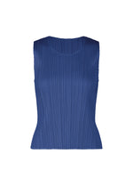 The MONTHLY COLORS : JULY by PLEATS PLEASE ISSEY MIYAKE is a sleeveless, fitted blue women's top with vertical pleats, round neckline, and slightly flared hem, shown on a plain white background. - BLUE （no.72）