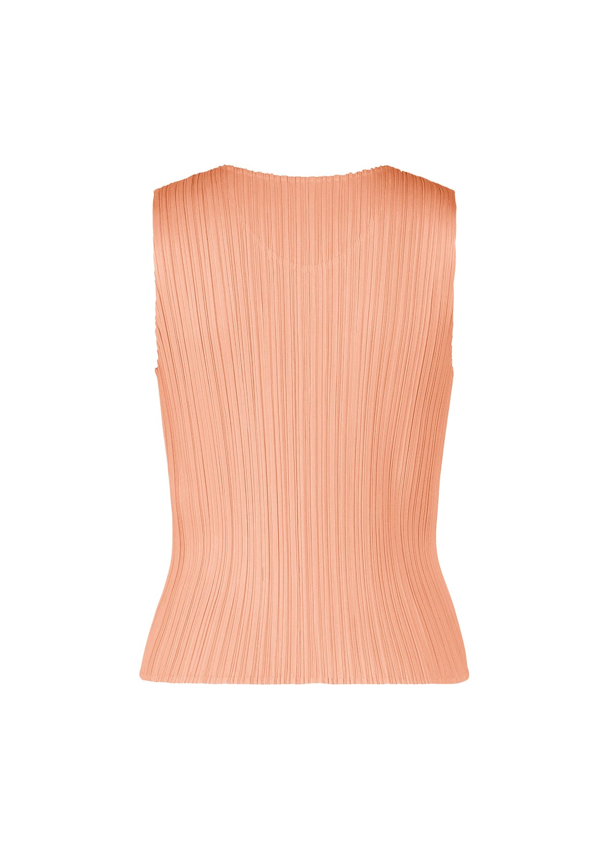 The PLEATS PLEASE ISSEY MIYAKE MONTHLY COLORS : JULY peach sleeveless pleated shirt features a high neckline and straight hem, shown from the back against a white background. view 6 of 10
