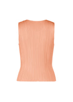 The PLEATS PLEASE ISSEY MIYAKE MONTHLY COLORS : JULY peach sleeveless pleated shirt features a high neckline and straight hem, shown from the back against a white background.