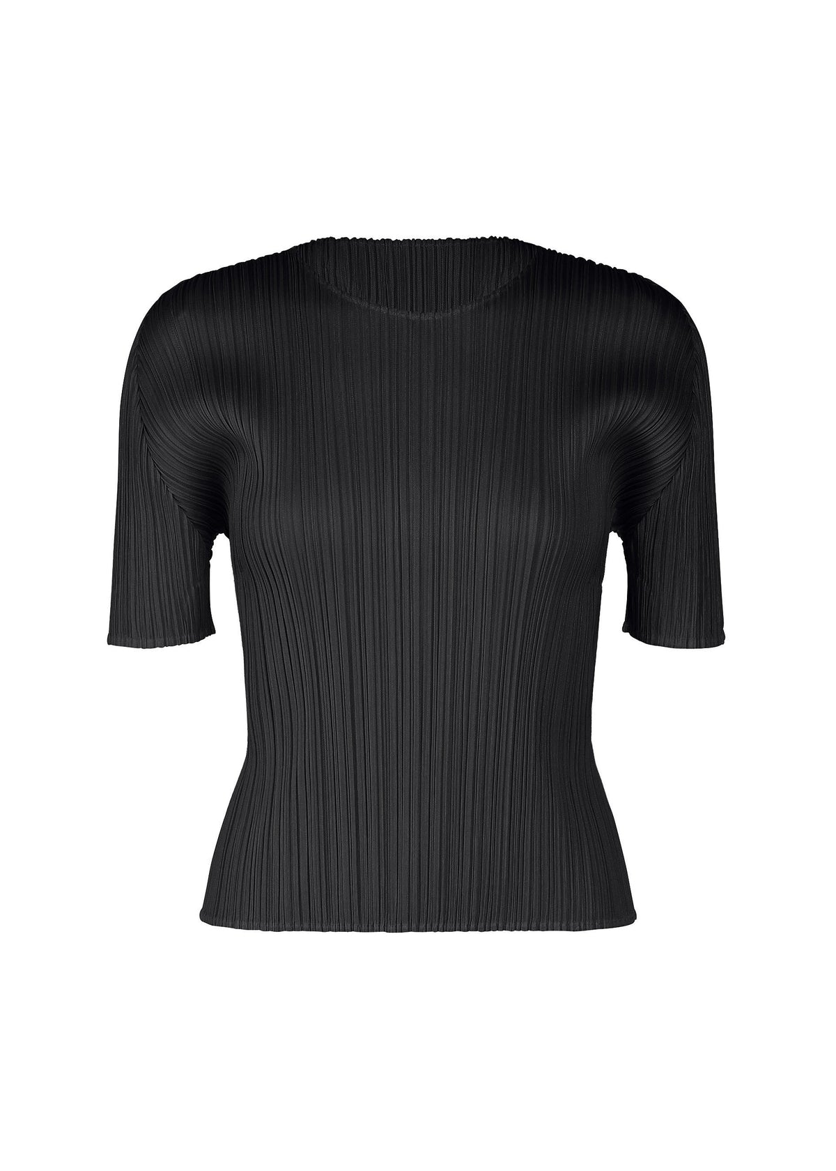 The MONTHLY COLORS : JULY by PLEATS PLEASE ISSEY MIYAKE is a black, pleated, short-sleeved round-neck top with a chic silhouette, showcased against a plain white background. view 1 of 10