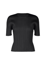 The MONTHLY COLORS : JULY by PLEATS PLEASE ISSEY MIYAKE is a black, pleated, short-sleeved round-neck top with a chic silhouette, showcased against a plain white background. - BLACK （no.15）