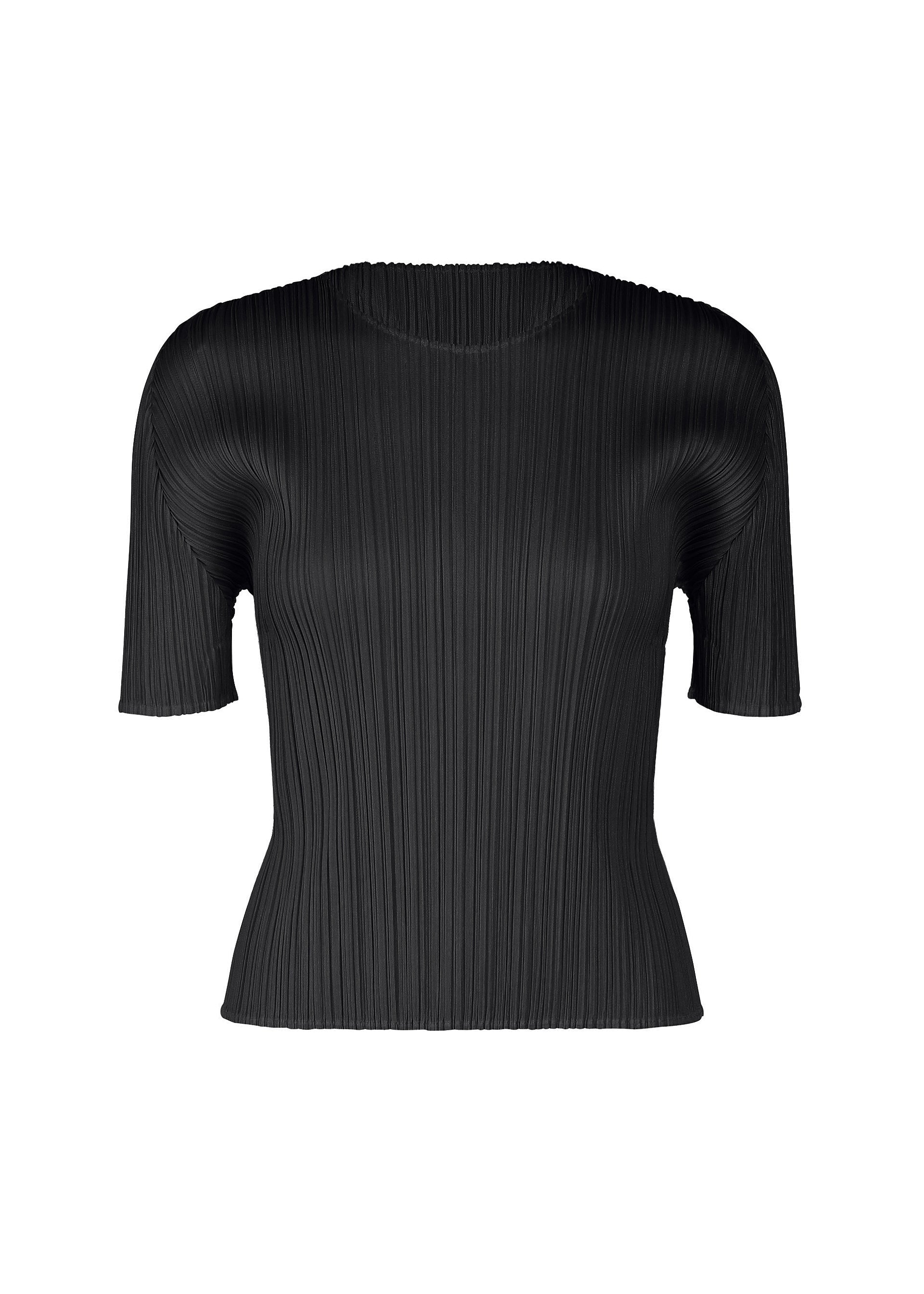 Zoomed view The MONTHLY COLORS : JULY by PLEATS PLEASE ISSEY MIYAKE is a black, pleated, short-sleeved round-neck top with a chic silhouette, showcased against a plain white background. - BLACK （no.15）