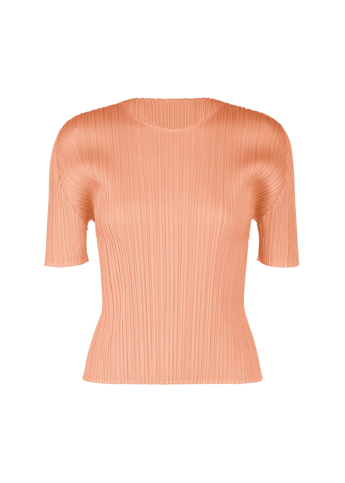 The MONTHLY COLORS : JULY by PLEATS PLEASE ISSEY MIYAKE is a short-sleeved, light peach round-neck top with pleated details and a fitted silhouette, shown on a white background. view 2 of 10