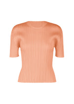 The MONTHLY COLORS : JULY by PLEATS PLEASE ISSEY MIYAKE is a short-sleeved, light peach round-neck top with pleated details and a fitted silhouette, shown on a white background. - PALE ORANGE （no.30）