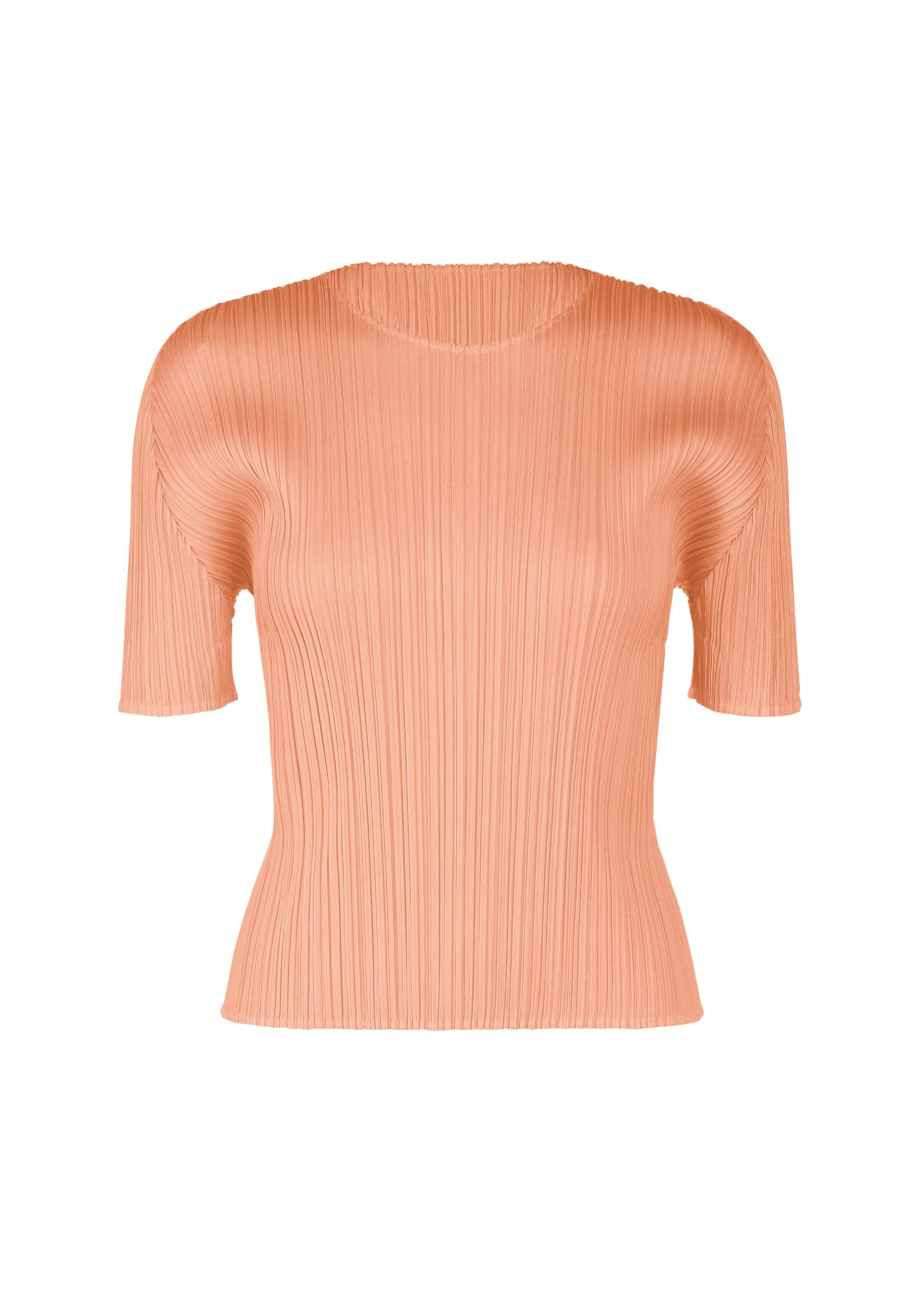 Zoomed view The MONTHLY COLORS : JULY by PLEATS PLEASE ISSEY MIYAKE is a short-sleeved, light peach round-neck top with pleated details and a fitted silhouette, shown on a white background. - PALE ORANGE （no.30）