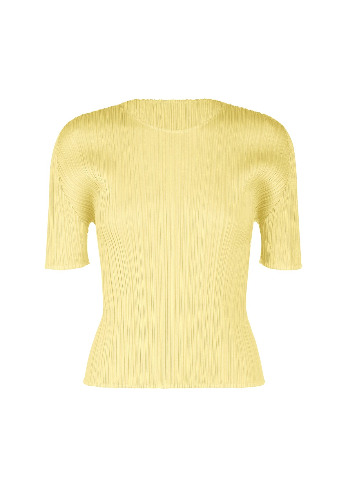 The MONTHLY COLORS : JULY top by PLEATS PLEASE ISSEY MIYAKE is a short-sleeved, ribbed yellow round-neck with a fitted silhouette, shown against a plain white background. view 3 of 10