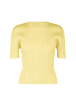 The MONTHLY COLORS : JULY top by PLEATS PLEASE ISSEY MIYAKE is a short-sleeved, ribbed yellow round-neck with a fitted silhouette, shown against a plain white background. - PALE YELLOW （no.50）