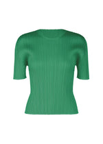The MONTHLY COLORS : JULY top by PLEATS PLEASE ISSEY MIYAKE is a green, short-sleeved piece with a fitted silhouette, round neckline, and pleated textured fabric. Displayed against a plain white background. - FRESH GREEN （no.67）