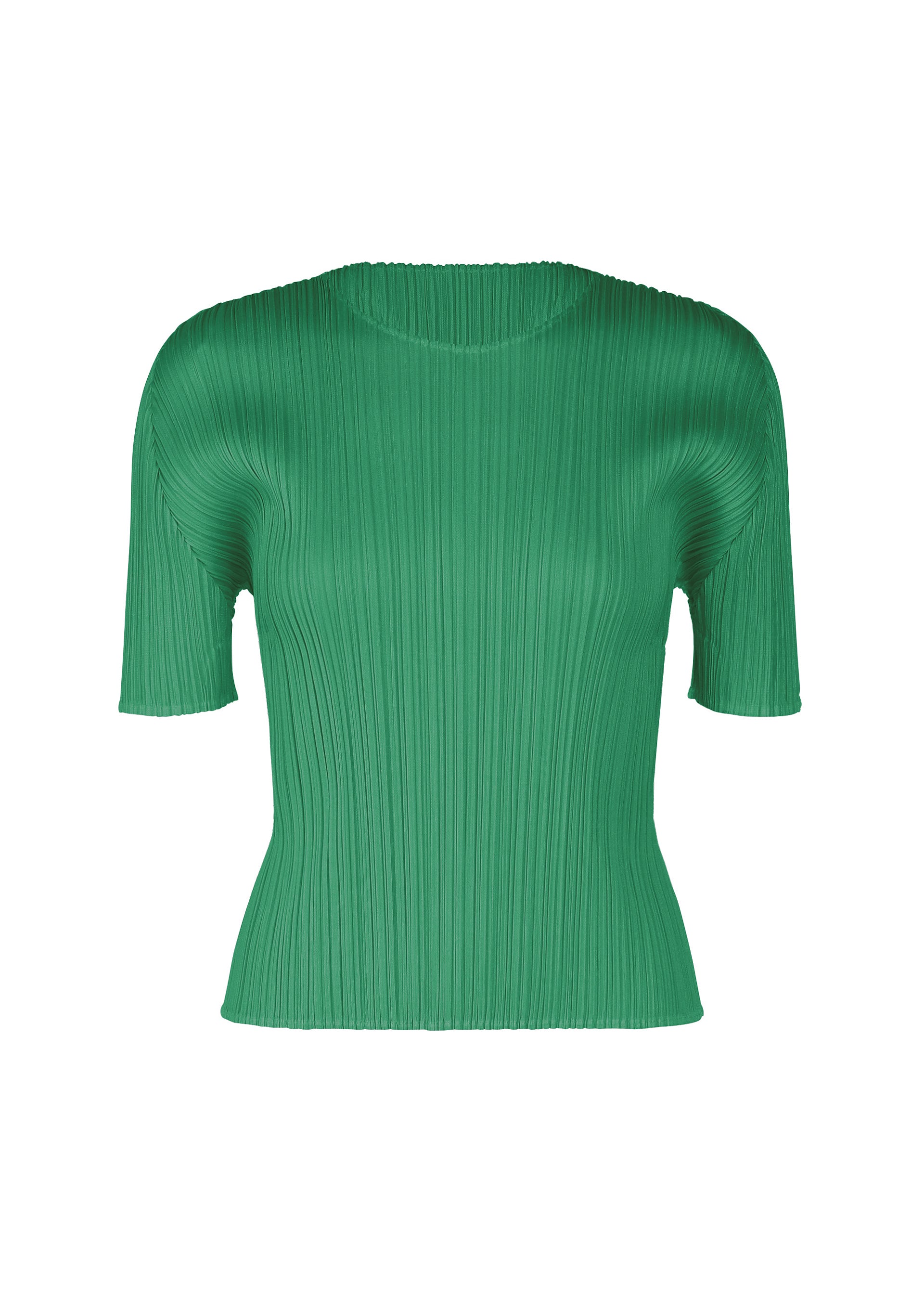 Zoomed view The MONTHLY COLORS : JULY top by PLEATS PLEASE ISSEY MIYAKE is a green, short-sleeved piece with a fitted silhouette, round neckline, and pleated textured fabric. Displayed against a plain white background. - FRESH GREEN （no.67）
