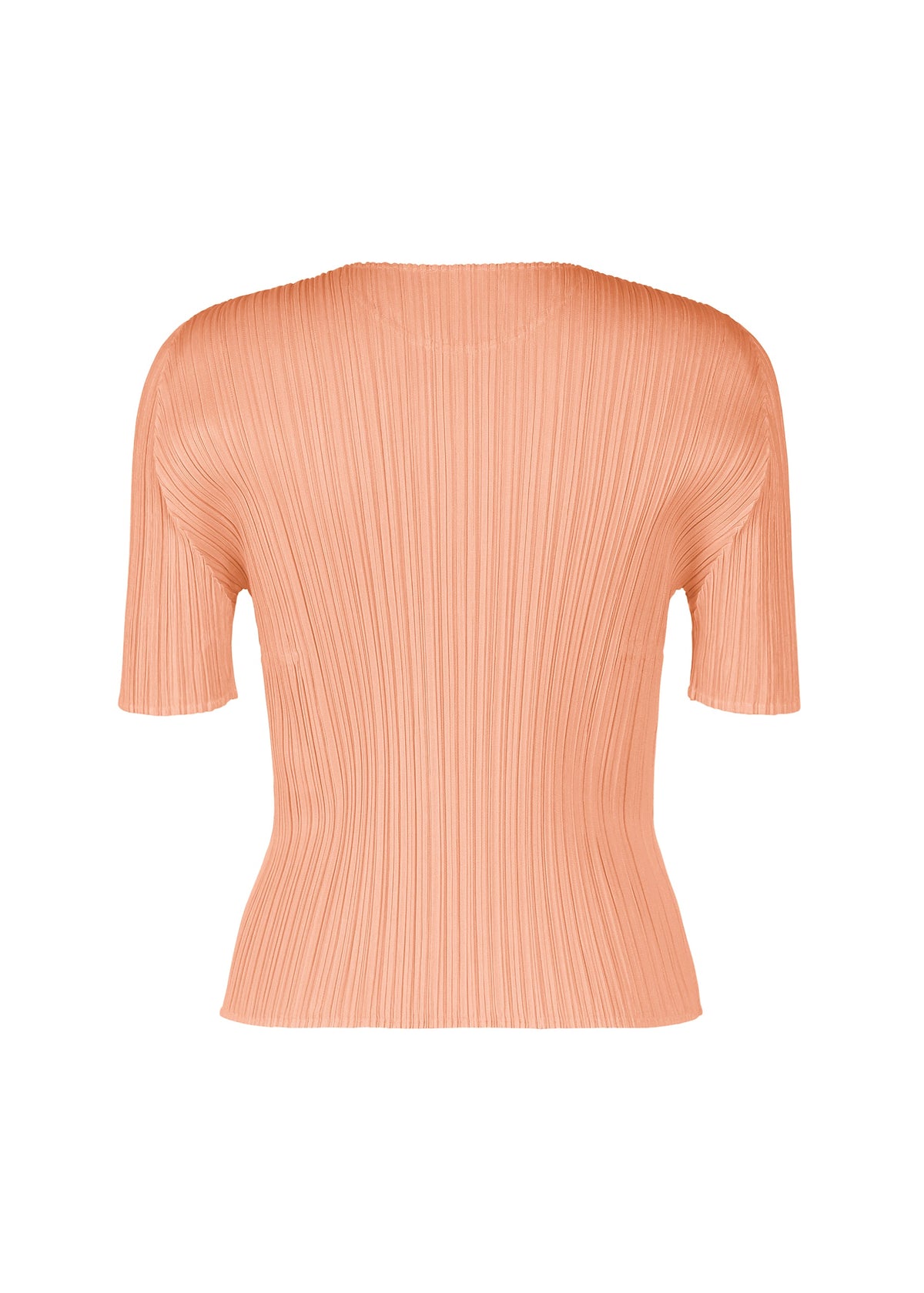 The MONTHLY COLORS : JULY top by PLEATS PLEASE ISSEY MIYAKE features a peach hue, short sleeves, pleated textured fabric, and a round neckline, shown in vibrant colors against a white background. view 6 of 10