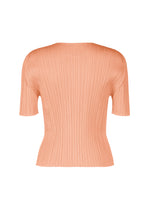 The MONTHLY COLORS : JULY top by PLEATS PLEASE ISSEY MIYAKE features a peach hue, short sleeves, pleated textured fabric, and a round neckline, shown in vibrant colors against a white background.
