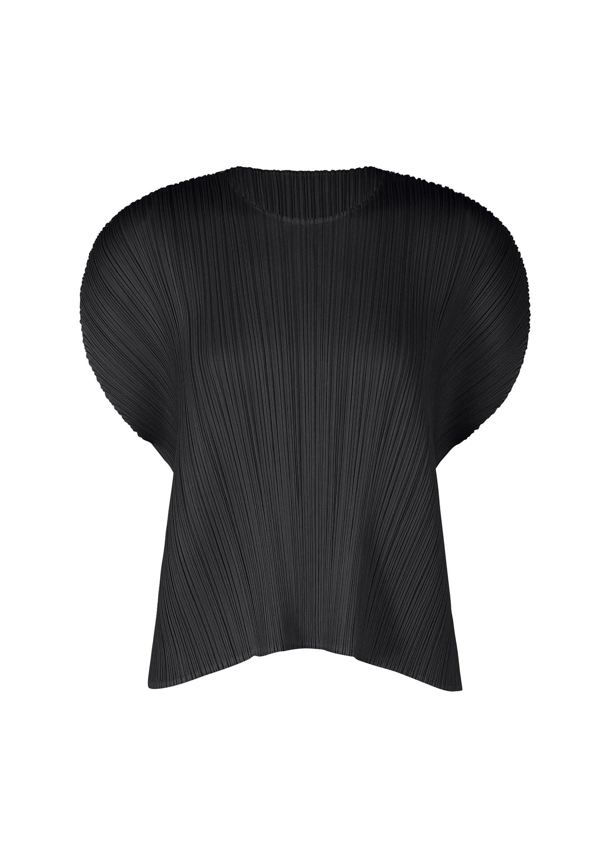 The MONTHLY COLORS : JULY top by PLEATS PLEASE ISSEY MIYAKE is a black, round-neck, short-sleeved piece with a boxy silhouette and pleated texture, shown against a white background. view 1 of 11