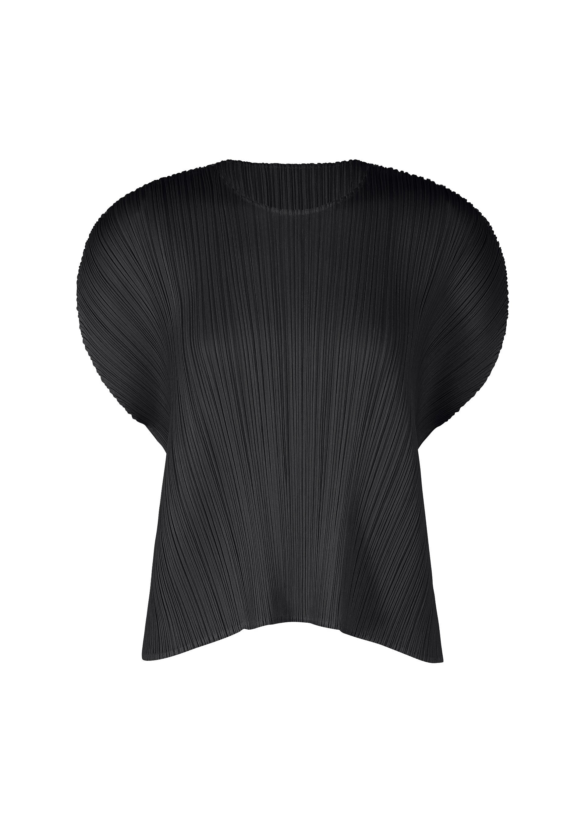 Zoomed view The MONTHLY COLORS : JULY top by PLEATS PLEASE ISSEY MIYAKE is a black, round-neck, short-sleeved piece with a boxy silhouette and pleated texture, shown against a white background. - BLACK （no.15）