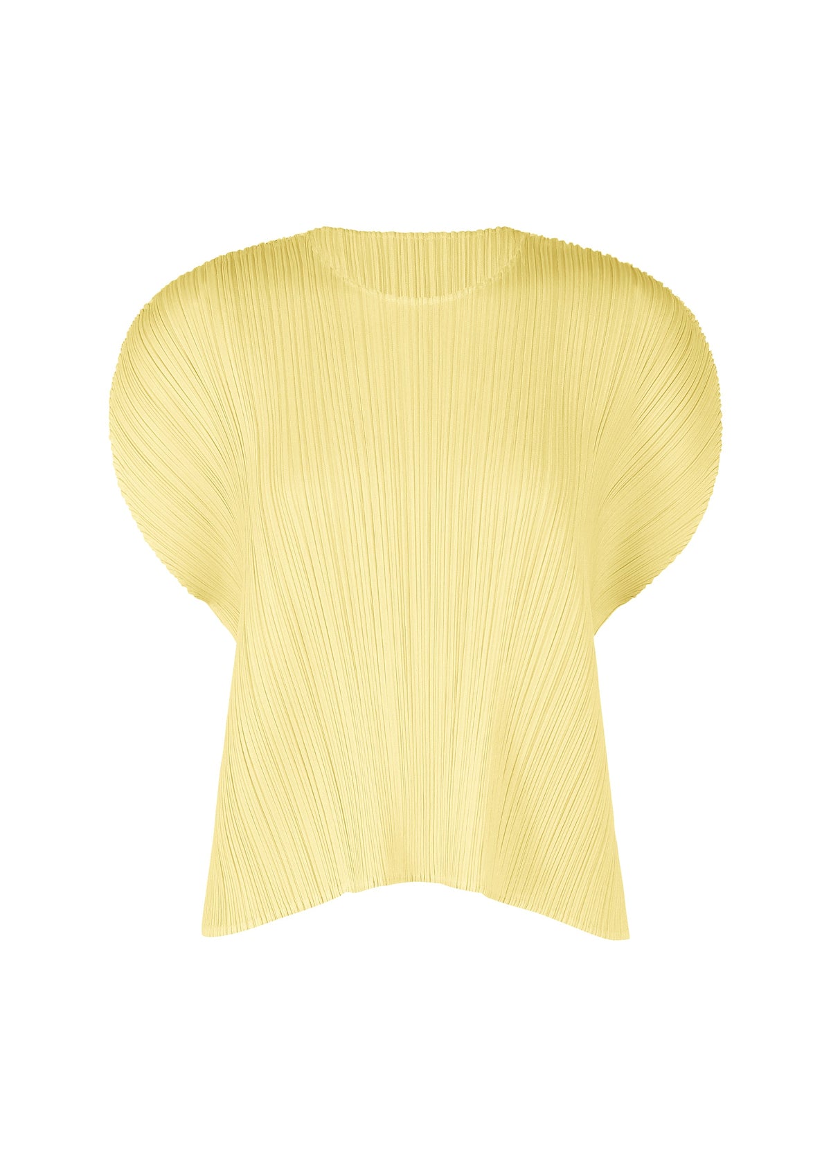 The MONTHLY COLORS : JULY top by PLEATS PLEASE ISSEY MIYAKE features a yellow round neck, pleated details, short sleeves, and a loose boxy fit in vibrant hues, shown on a white background. view 3 of 11