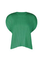 The MONTHLY COLORS : JULY top by PLEATS PLEASE ISSEY MIYAKE is a green, round-neck, short-sleeved piece with structured rounded shoulders, vertical pleats, and a loose fit for a textured, architectural look. - FRESH GREEN （no.67）