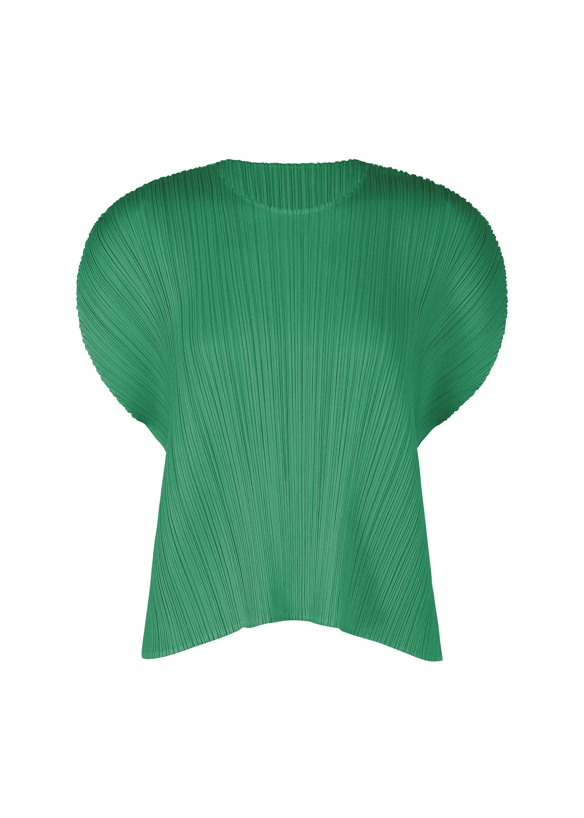 Zoomed view The MONTHLY COLORS : JULY top by PLEATS PLEASE ISSEY MIYAKE is a green, round-neck, short-sleeved piece with structured rounded shoulders, vertical pleats, and a loose fit for a textured, architectural look. - FRESH GREEN （no.67）