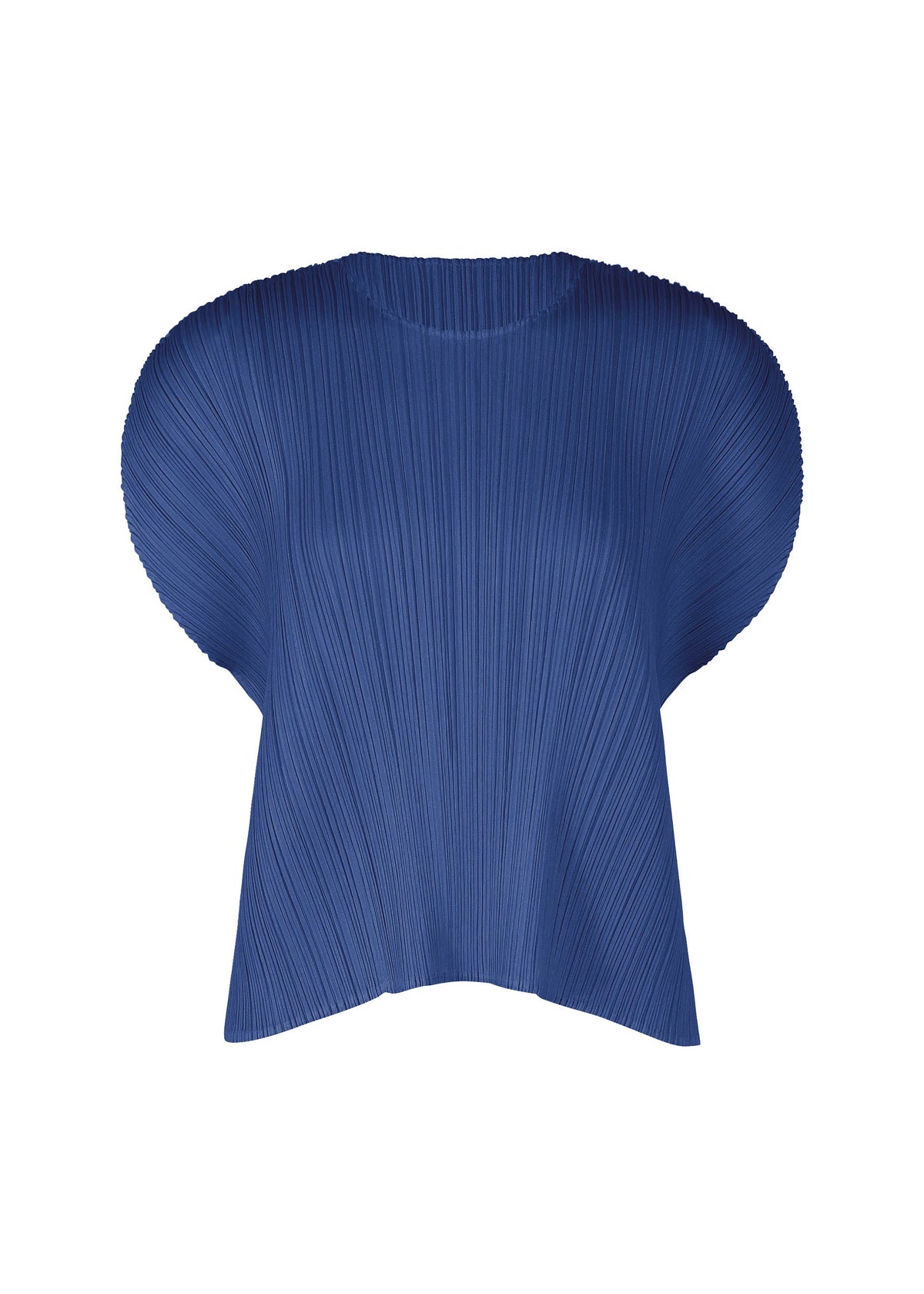 The MONTHLY COLORS : JULY top by PLEATS PLEASE ISSEY MIYAKE is blue with a round neck, short wide sleeves, vertical pleats, and a loose sculptural silhouette. view 5 of 11