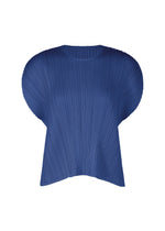 The MONTHLY COLORS : JULY top by PLEATS PLEASE ISSEY MIYAKE is blue with a round neck, short wide sleeves, vertical pleats, and a loose sculptural silhouette. - BLUE （no.72）