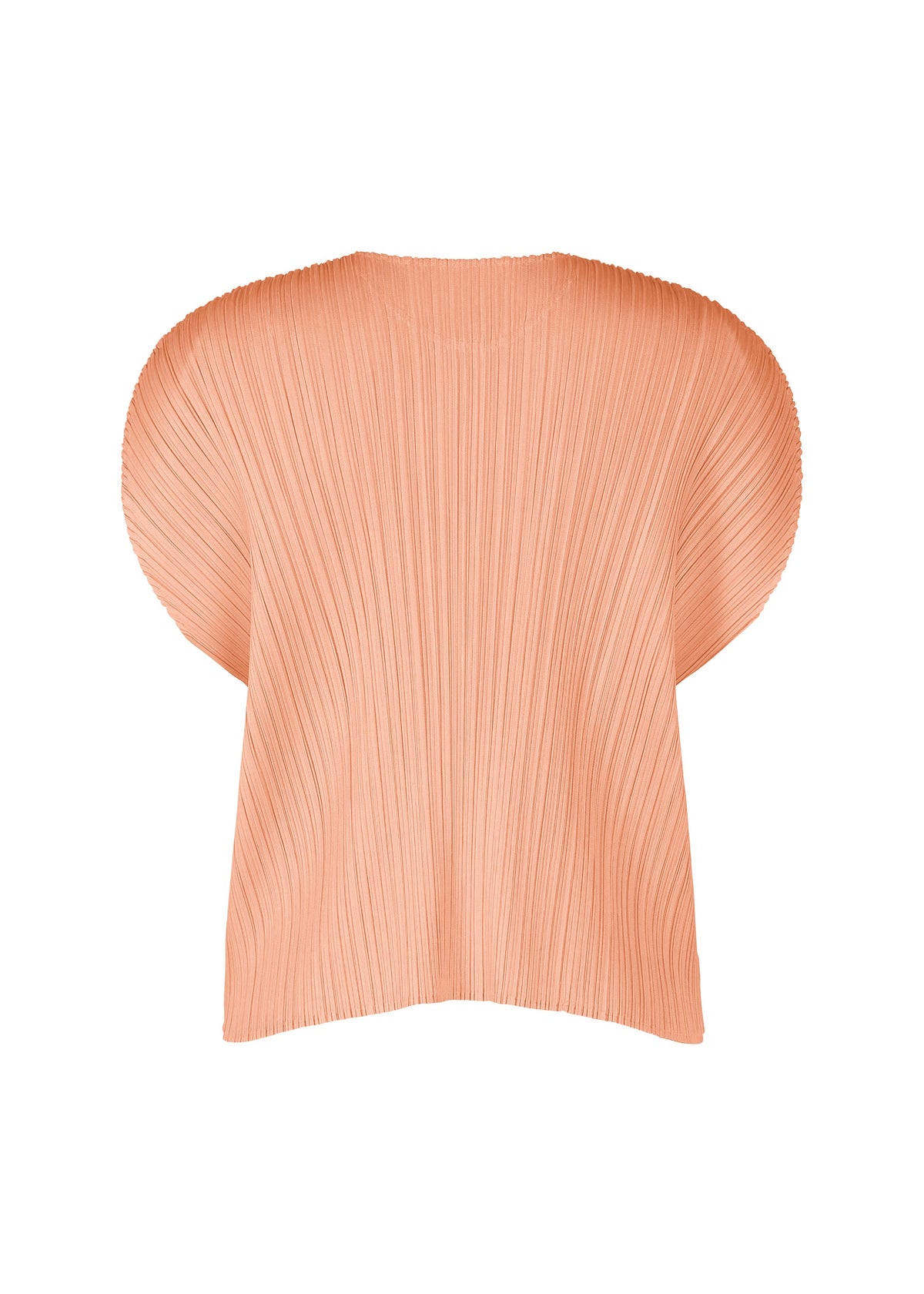 The MONTHLY COLORS : JULY top by PLEATS PLEASE ISSEY MIYAKE features a light peach hue, round neck, short sleeves, wide rounded shoulders, and vertical pleats for a sculptural, textured look. view 6 of 11