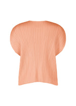 The MONTHLY COLORS : JULY top by PLEATS PLEASE ISSEY MIYAKE features a light peach hue, round neck, short sleeves, wide rounded shoulders, and vertical pleats for a sculptural, textured look.
