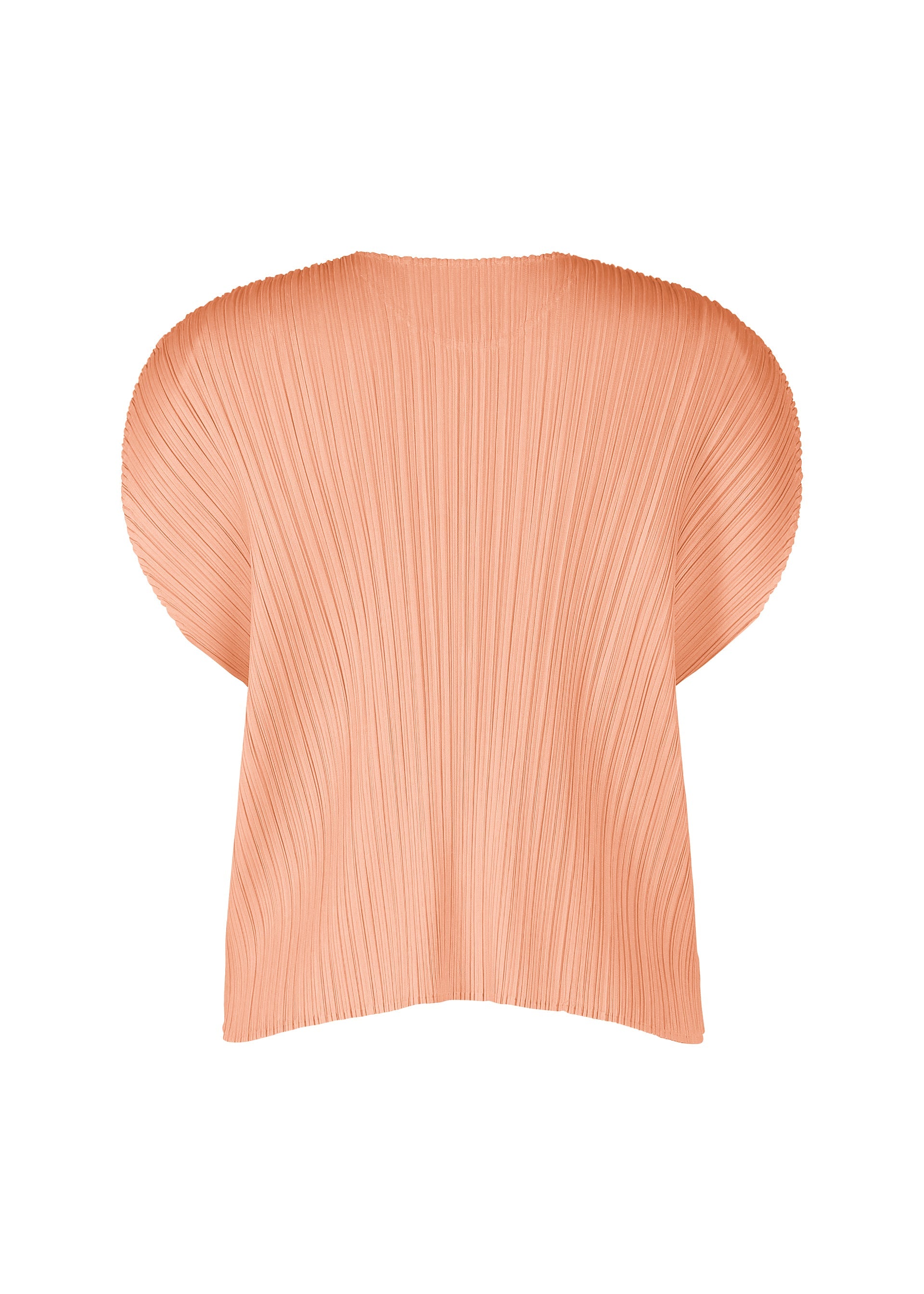 Zoomed view The MONTHLY COLORS : JULY top by PLEATS PLEASE ISSEY MIYAKE features a light peach hue, round neck, short sleeves, wide rounded shoulders, and vertical pleats for a sculptural, textured look.