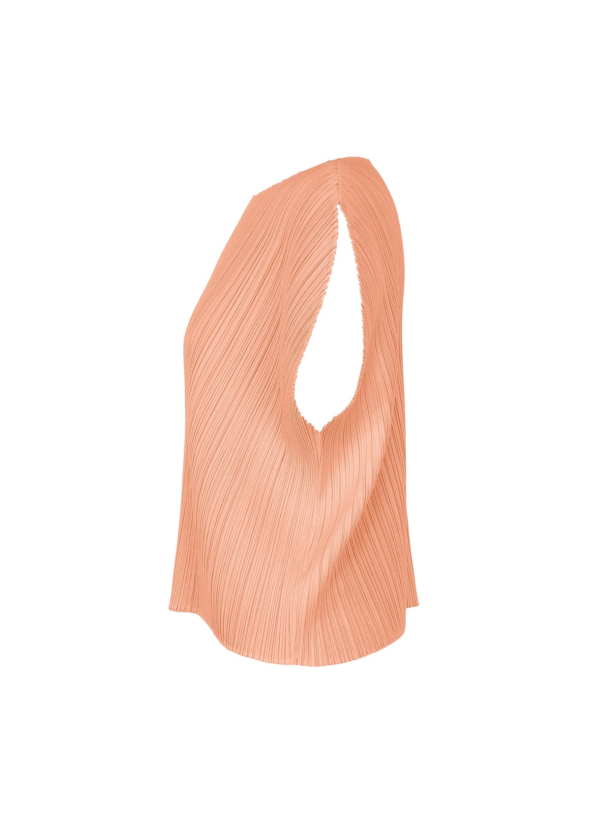 The MONTHLY COLORS : JULY top by PLEATS PLEASE ISSEY MIYAKE is a sleeveless, light peach round-neck piece with a pleated texture, asymmetrical cut, and oversized armhole on one side, shown against a plain white background. view 7 of 11