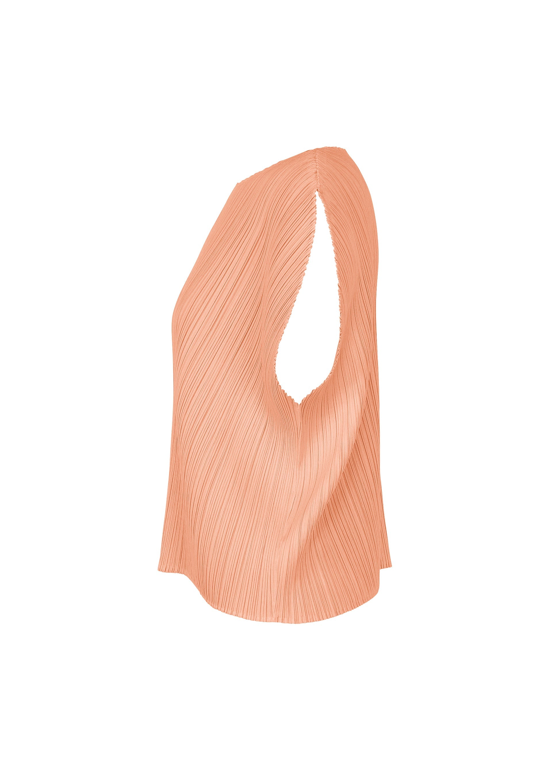 Zoomed view The MONTHLY COLORS : JULY top by PLEATS PLEASE ISSEY MIYAKE is a sleeveless, light peach round-neck piece with a pleated texture, asymmetrical cut, and oversized armhole on one side, shown against a plain white background.