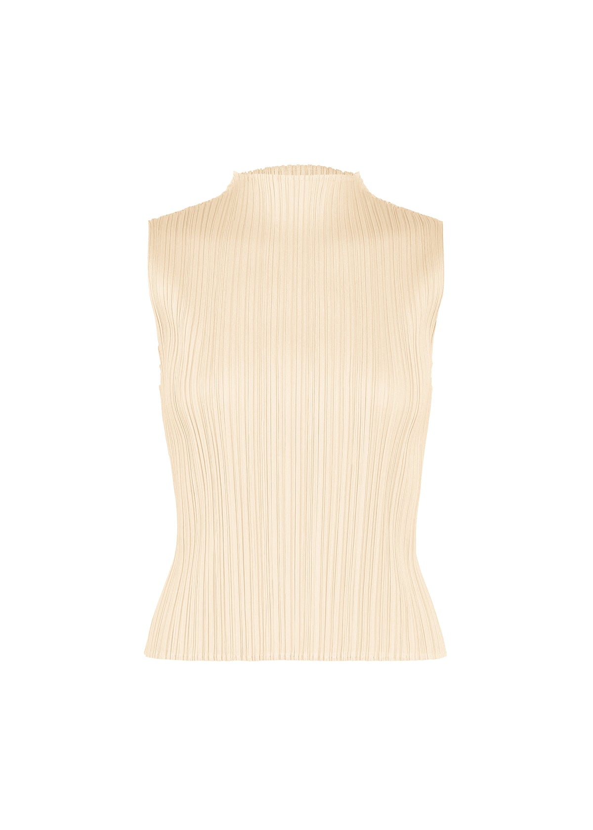 MONTHLY COLORS : AUGUST by PLEATS PLEASE ISSEY MIYAKE—a sleeveless beige high-neck top featuring a mock neck and vertical pleats, perfect for midsummer wear, is displayed on a plain white background. view 1 of 10