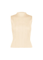 MONTHLY COLORS : AUGUST by PLEATS PLEASE ISSEY MIYAKE—a sleeveless beige high-neck top featuring a mock neck and vertical pleats, perfect for midsummer wear, is displayed on a plain white background. - OFF WHITE （no.02）