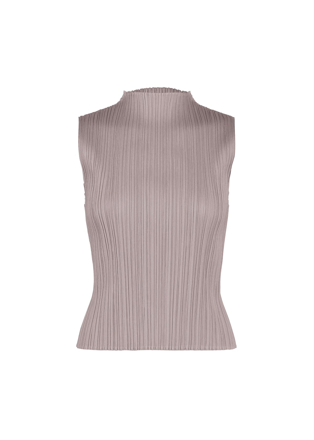 MONHTLY COLORS : AUGUST by PLEATS PLEASE ISSEY MIYAKE: A sleeveless, light mauve high-neck top with a mock neck and vertical pleated texture featuring straight fold lines, perfect for elegant midsummer wear, displayed on a plain white background. view 2 of 10