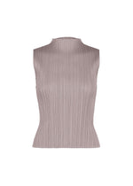 MONHTLY COLORS : AUGUST by PLEATS PLEASE ISSEY MIYAKE: A sleeveless, light mauve high-neck top with a mock neck and vertical pleated texture featuring straight fold lines, perfect for elegant midsummer wear, displayed on a plain white background. - GRAYISH PURPLE （no.14）