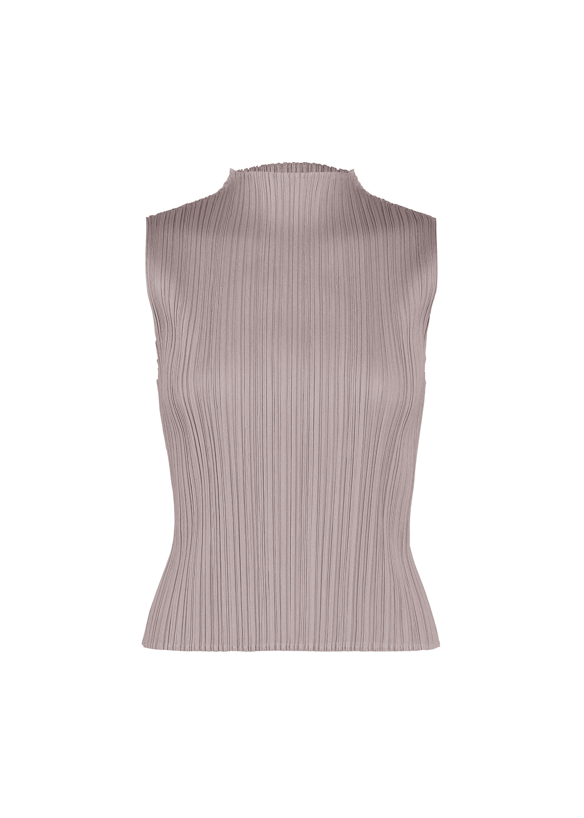 Zoomed view MONHTLY COLORS : AUGUST by PLEATS PLEASE ISSEY MIYAKE: A sleeveless, light mauve high-neck top with a mock neck and vertical pleated texture featuring straight fold lines, perfect for elegant midsummer wear, displayed on a plain white background. - GRAYISH PURPLE （no.14）