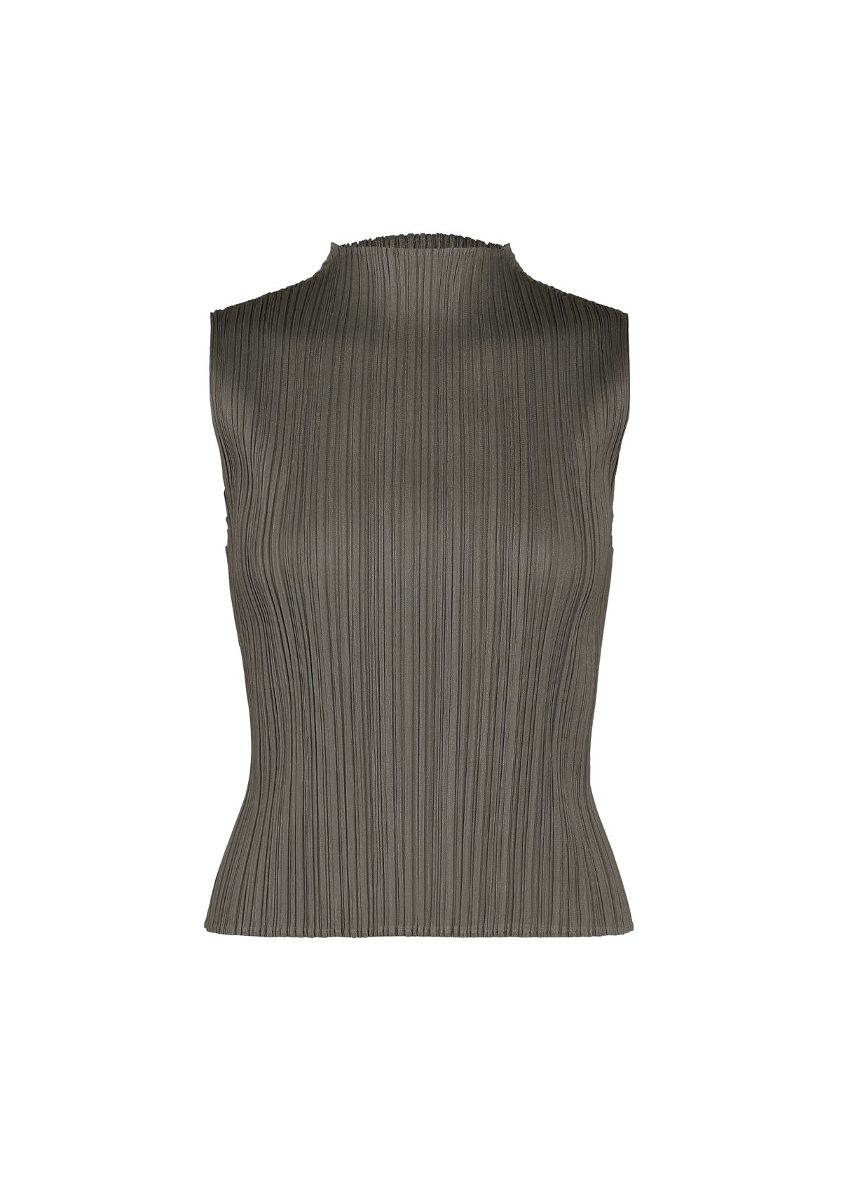 Sleeveless, high-neck top from PLEATS PLEASE ISSEY MIYAKE’s MONTHLY COLORS : AUGUST collection in gray, featuring straight fold lines and a fitted silhouette—perfect for effortless midsummer wear—displayed on a plain white background. view 3 of 10