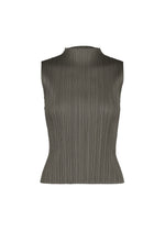 Sleeveless, high-neck top from PLEATS PLEASE ISSEY MIYAKE’s MONTHLY COLORS : AUGUST collection in gray, featuring straight fold lines and a fitted silhouette—perfect for effortless midsummer wear—displayed on a plain white background. - CHARCOAL （no.17）
