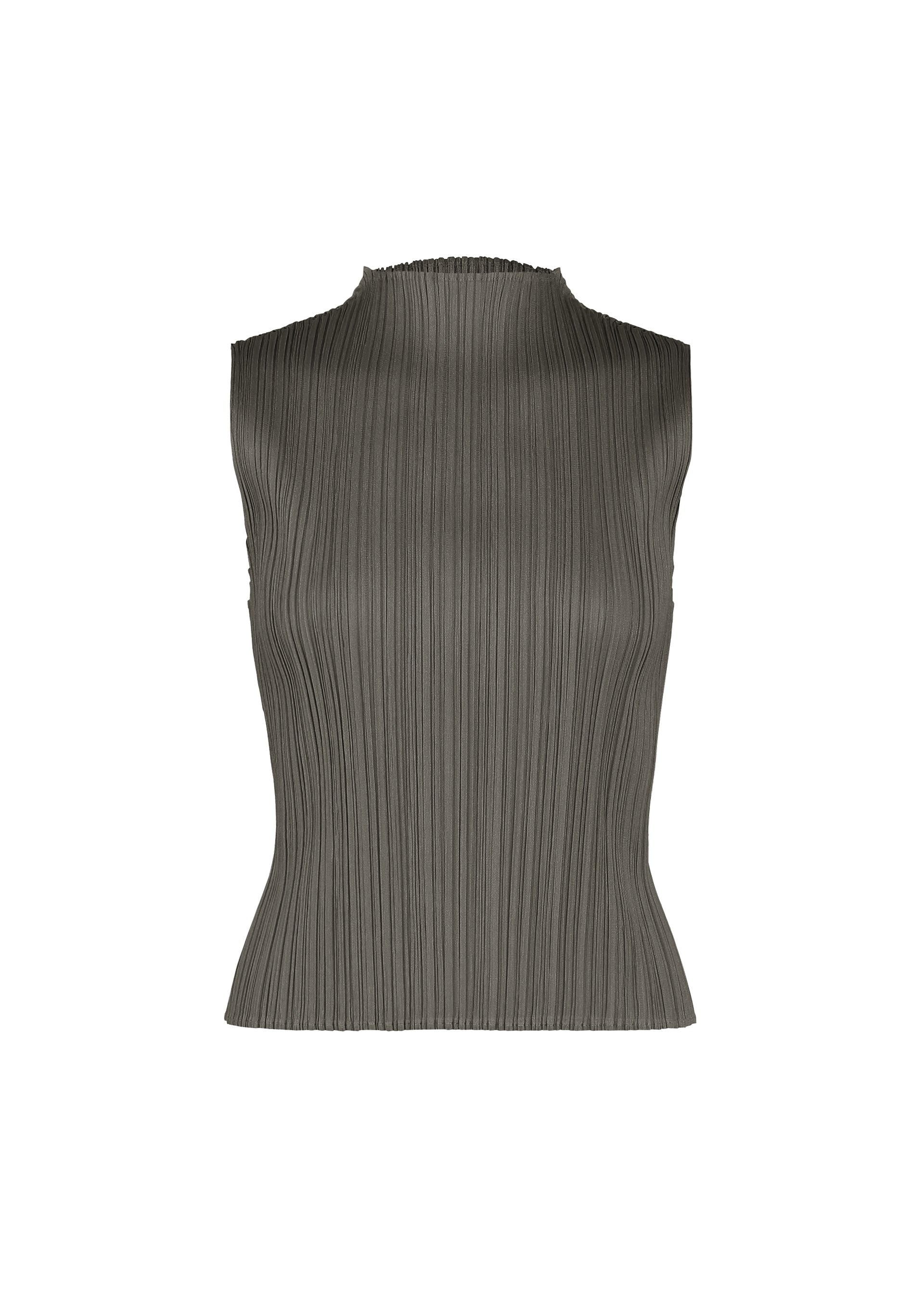 Zoomed view Sleeveless, high-neck top from PLEATS PLEASE ISSEY MIYAKE’s MONTHLY COLORS : AUGUST collection in gray, featuring straight fold lines and a fitted silhouette—perfect for effortless midsummer wear—displayed on a plain white background. - CHARCOAL （no.17）