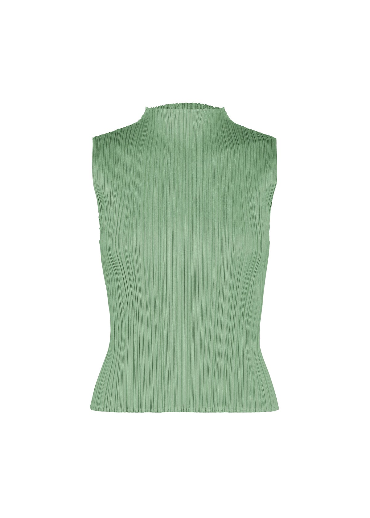 MONTHLY COLORS : AUGUST by PLEATS PLEASE ISSEY MIYAKE—a sleeveless, light green pleated high-neck top with straight fold lines, displayed against a plain white background. Perfect for effortless midsummer wear. view 4 of 10